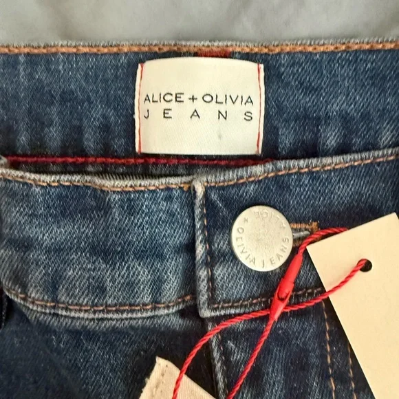 Alice + Olivia Faux Leather Patchwork High Rise Blue Flare Jeans - Picture 6 of 9